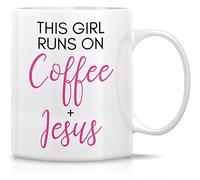Retreez Funny Mug - This Girl Runs on Coffee + Jesus 11 Oz Ceramic Coffee Mugs - Funny, Sarcasm, Sarcastic, Motivational, Inspirational birthday gifts for wife, girlfriend, bff, friends, coworkers