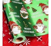 Retrify Christmas Wrapping Paper - 17 Inch x 32.8 Feet Mini Roll - Cute Gnome Snowflake Green Gift Wrap Paper for Holiday Shower Party Celebration