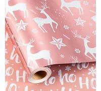 Retrify Christmas Wrapping Paper Roll - 17 Inches x 32.8 Feet - Metallic Pink Reindeer HO Lettering Mini Roll Gift Wrap Paper for Winter Holiday Festive Party Celebrations