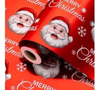 Retrify Christmas Wrapping Paper Roll - 17 Inches x 32.8 Feet Red White Metallic Foil Shine Cute Present Packing Paper - Santa Claus/Snowflakes/Merry Christmas Lettering Design