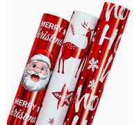 Retrify Christmas Wrapping Paper Roll, 3 Mini Rolls Red White Metallic Foil Shine Gift Packing Paper, Santa Claus/Snowflakes/Reindeer/HO Design - 17 Inch x 120 Inch Per Roll