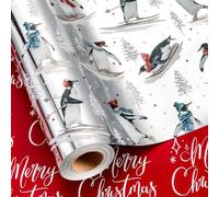 Retrify Christmas Wrapping Paper - Thick Metallic Foil Silver Cute Penguin Skiing Gift Wrap Paper for Holiday DIY Craft Decoration - 17 Inch x 32.8 Feet - Mini Roll
