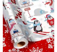 Retrify Foil Christmas Wrapping Paper - Mini Roll - 17 Inch x 32.8 Feet Metallic Silver Cute Penguin Polar Bear Snowman Wearing Red Scarf Gift Wrap for Winter Holiday Party Celebration