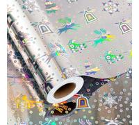 Retrify Holographic Wrapping Paper Roll, Thick Gift Wrap Paper Mini Roll 17 Inches x 32.8 Feet - Silver Santa Claus/Snowflakes/Reindeer/Bells Design for Christmas New Year Holiday