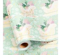 Retrify Light Green Wrapping Paper Roll - Metallic Gold Foil Cute Sleigh Carrying Gift Box Pattern Mini Roll Gift Wrap Paper for Christmas Holiday Festive Decoration - 17 Inches x 32.8 Feet