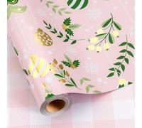 Retrify Pink Wrapping Paper Roll - Metallic Gold Foil Bells, Berry and White Snowflake Mini Roll Plaid Gift Wrap Paper for Christmas Holiday Festive Decoration - 17 Inches x 32.8 Feet