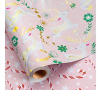Retrify Pink Wrapping Paper Roll - Metallic Gold Foil Lovely Reindeer and Sweet Candy Cane Pattern Mini Roll Gift Wrap Paper for Christmas Holiday Festive Decoration - 17 Inches x 32.8 Feet