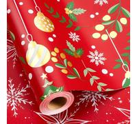 Retrify Red Wrapping Paper Roll - Metallic Gold Foil Bells, Berry and White Snowflake Mini Roll Gift Wrap Paper for Christmas New Year Festive Decoration - 17 Inches x 32.8 Feet