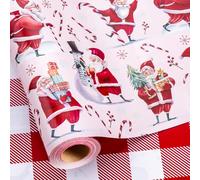 Retrify Santa Claus Christmas Wrapping Paper - Cute Snowman Candy Cane Plaid Pattern Girly Pink Gift Wrap Paper for Holiday Shower Party Celebration - 17 Inch x 32.8 Feet Mini Roll