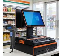 RETRIN All in One Pos System Retail,Smart Touch Screen Cash Register,Metal Cash Drawer + Barcode Scanner + Thermal Printer,15.6" Clear Display,Bakeries/Convenience Stores Double