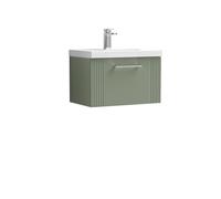 Retro 1 Drawer Wall Hung Vanity Unit with Mid-Edge 1 Tap Hole Ceramic Basin - 600mm - Satin Green - Balterley