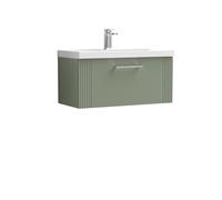 Retro 1 Drawer Wall Hung Vanity Unit with Mid-Edge 1 Tap Hole Ceramic Basin - 800mm - Satin Green - Balterley