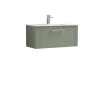 Retro 1 Drawer Wall Hung Vanity Unit with Minimalist 1 Tap Hole Ceramic Basin - 800mm - Satin Green - Balterley