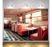 Retro 1950’s diner 50s diner Backdrop Vintage Classic American Fast Food Restaurant Soda Shop 1950s Theme Birthday Party Decor 240cmx180cm