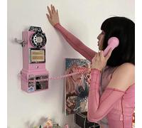 Retro 1950s Wall-Mount Rotary Payphone - Vintage Coin-Operated Telephone, Classic Home & Cafe Decor, Functional Corded Landline (Pink)