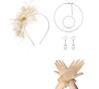 Retro 20S Flapper Costume Set with Feathered, Beige | Necklace Earring Cosplay Accessory for Women Girl Special Occasion