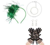 Retro 20S Flapper Costume Set with Feathered, Green | Necklace Earring Cosplay Accessory for Women Girl Special Occasion