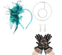 Retro 20S Flapper Costume Set with Feathered, Lake Blue | Necklace Earring Cosplay Accessory for Women Girl Special Occasion