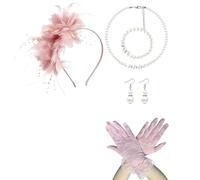 Retro 20S Flapper Costume Set with Feathered, Pale Pinkish Grey