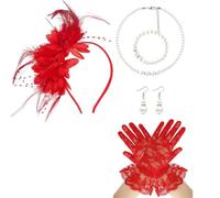 Retro 20S Flapper Costume Set with Feathered, Red | Necklace Earring Cosplay Accessory for Women Girl Special Occasion