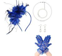 Retro 20S Flapper Costume Set with Feathered, Royal Blue | Necklace Earring Cosplay Accessory for Women Girl Special Occasion