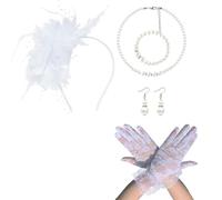 Retro 20S Flapper Costume Set with Feathered, White | Necklace Earring Cosplay Accessory for Women Girl Special Occasion