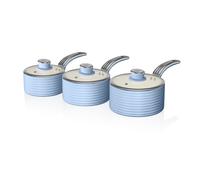 Swan SWPS3020BLN Retro Induction Saucepan Set With Glass Lids, Non Stick Ceramic Coating, Easy to Clean, Blue, 3 Piece, 16/18/20 cm