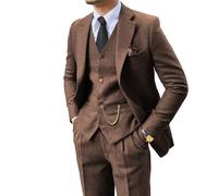 Retro 3 Piece Suit Tweed Herringbone Men's Suits Slim Fit Groom Tuxedos Set Prom Brown Grey Jacket Blazer Vest Pants, Brown, S