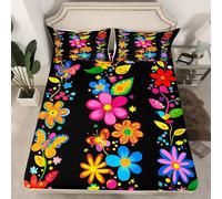 Retro 60s 70s Groovy Flower Fitted Sheet Queen,Rustic Psychedelic Blossom Bedding Sets Mens Women's Halloween Floral 1960's 1970's Hippie Bed Sheets Watercolor Floral Rural Pastoral Room Decor