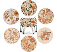 Retro 70s 60s Floral Hippie Flowers Set of 6 Absorbent Ceramic Coasters with Cork Base & Holder,10cm Round Drink Mats for Mugs, Wine Glasses - Spill Protection for Wood/Glass Tables