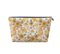 Retro 70s 60s Flower Leather Makeup Bag, Travel Cosmetic Toiletry Bag for Women, Large Capacity Makeup Pouch, Zipper Makeup Bag Organizer
