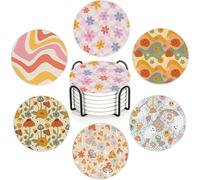 Retro 70s Colorful Groovy Set of 6 Absorbent Ceramic Coasters with Cork Base & Holder,10cm Round Drink Mats for Mugs, Wine Glasses - Spill Protection for Wood/Glass Tables