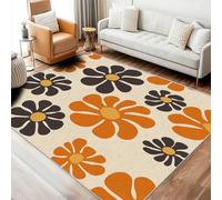 Retro 70s Flower Rug, 40 x 60 cm, Orange Brown Beige Daisy Rugs for Living Room Bedroom, Vintage Carpet, Boho Floral Home Decor, Washable Non Slip Low Pile Small Area Rugs A4753