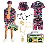 Retro 80s 90s Hip Hop Outfit for Adults, 80s Fancy Dress Set with Sportswear Shirt & Shorts, Hat Dollar Ring Necklace Bracelet Inflatable Radio Glasses, Beach Tracksuit for 80s Party (Rose Red, XXL)