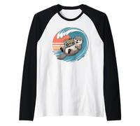Retro 80s Sunset Surfing Sea Otter Boombox Raglan Baseball Tee