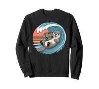 Retro 80s Sunset Surfing Sea Otter Boombox Sweatshirt