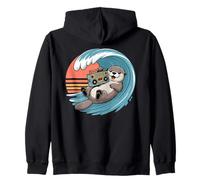 Retro 80s Sunset Surfing Sea Otter Boombox Zip Hoodie