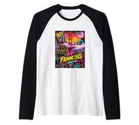 Retro 90s San Francisco California Skyline City By The Bay Raglan Baseball Tee