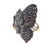 Retro 925 Sterling Silver Butterfly Ring with Marcasite Stones for Women Size 6-9