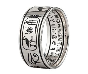 Retro 925 Sterling Silver Egyptian Hieroglyphics Ring Band Debossed Eye of Horus Anubis Sphinx Ankh Cross Scarab Pharaoh Sun for Men Women Size 7-13