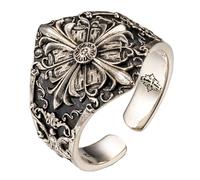 Retro 925 Sterling Silver Fleur de lis Cross Ring Baroque Floral Ring for Men Women Open Adjustable Size S/M/L