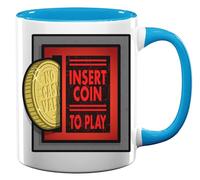 Retro A r c a d e Insert Coin to Play Ceramic Tea Coffee Mug Light Blue