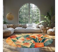 Retro Abstract Floral Study Room Round Rug in Collage Style Soft Low Pile Circle Carpet with Orange and Teal Print Machine Washable 100cm