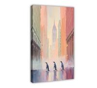 Retro Abstract Penguins Strolling through City Streets Canvas Poster Bedroom Decor Landscape Office Room Decor Gift 24" L X 36" W