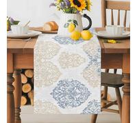 Retro Abstract Table Runner 13x36 Inches Long Vintage Ethnic Style Blue Brown Flowers Nation Cotton Linen Table Runner Burlap Style for Dinner Table Party Decor Tabletop Decorations