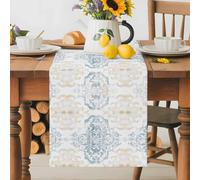 Retro Abstract Table Runner 13x60 Inches Long Blue Brown Flowers Nation Vintage Ethnic Style Cotton Linen Table Runner Burlap Style for Dinner Table Party Decor Tabletop Decorations