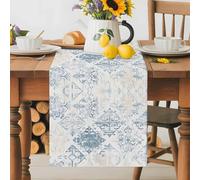 Retro Abstract Table Runner 16x72 Inches Long Blue Brown Flowers Nation Vintage Ethnic Cotton Linen Table Runner Burlap Style for Dinner Table Party Decor Tabletop Decorations