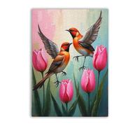 Retro Adult Puzzle 1000 Pieces A Couple Bird The Pink Tulips Abstract Holiday Fun and Modern Summer Home Decor