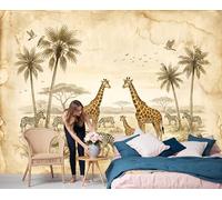 Retro Adventure Style Photo Wallpaper - 250x175cm Wall Mural African Savanna Giraffe 3D Effect Art Print Silk Wall Covering for Office Bedroom Living Room Sofa TV Background Decor, Rice Palm