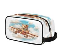 Retro Airplane Bear Toiletry Bag for Travel, Cosmetic Makeup Bag Waterproof Polyester Shaving Bag for Men Women Kids, Portable Organizer for Bathroom Gym Vacation